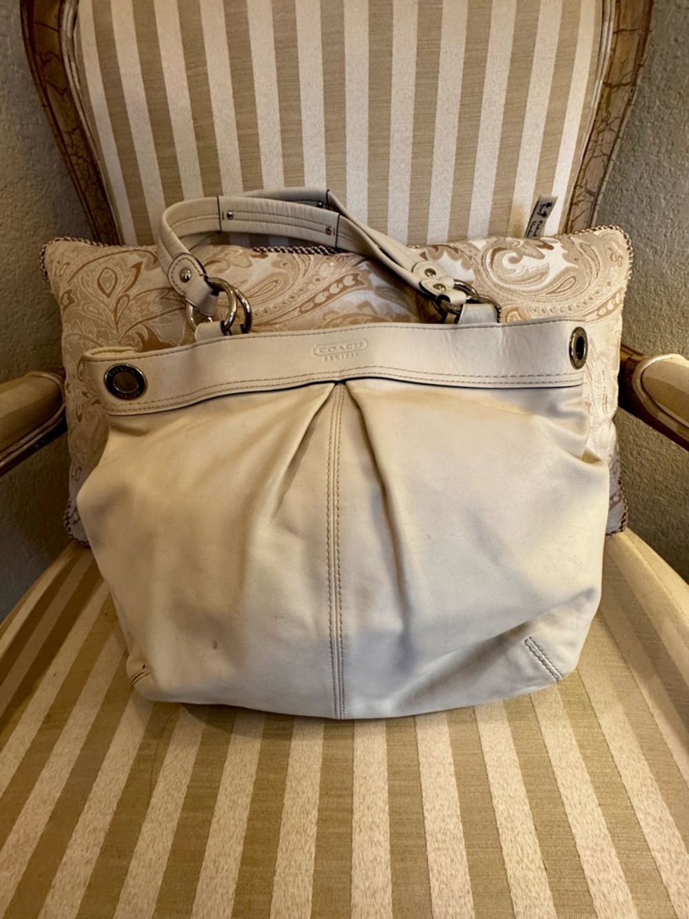 Vintage Coach Cream Leather Shoulder Bag with choice of vintage Coach twills